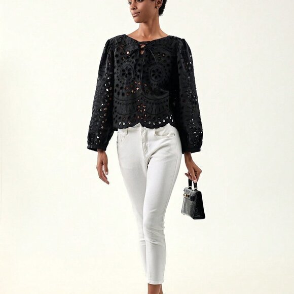 Black Preppy Womens Solid Tie Front Blouse - Picture 1 of 5